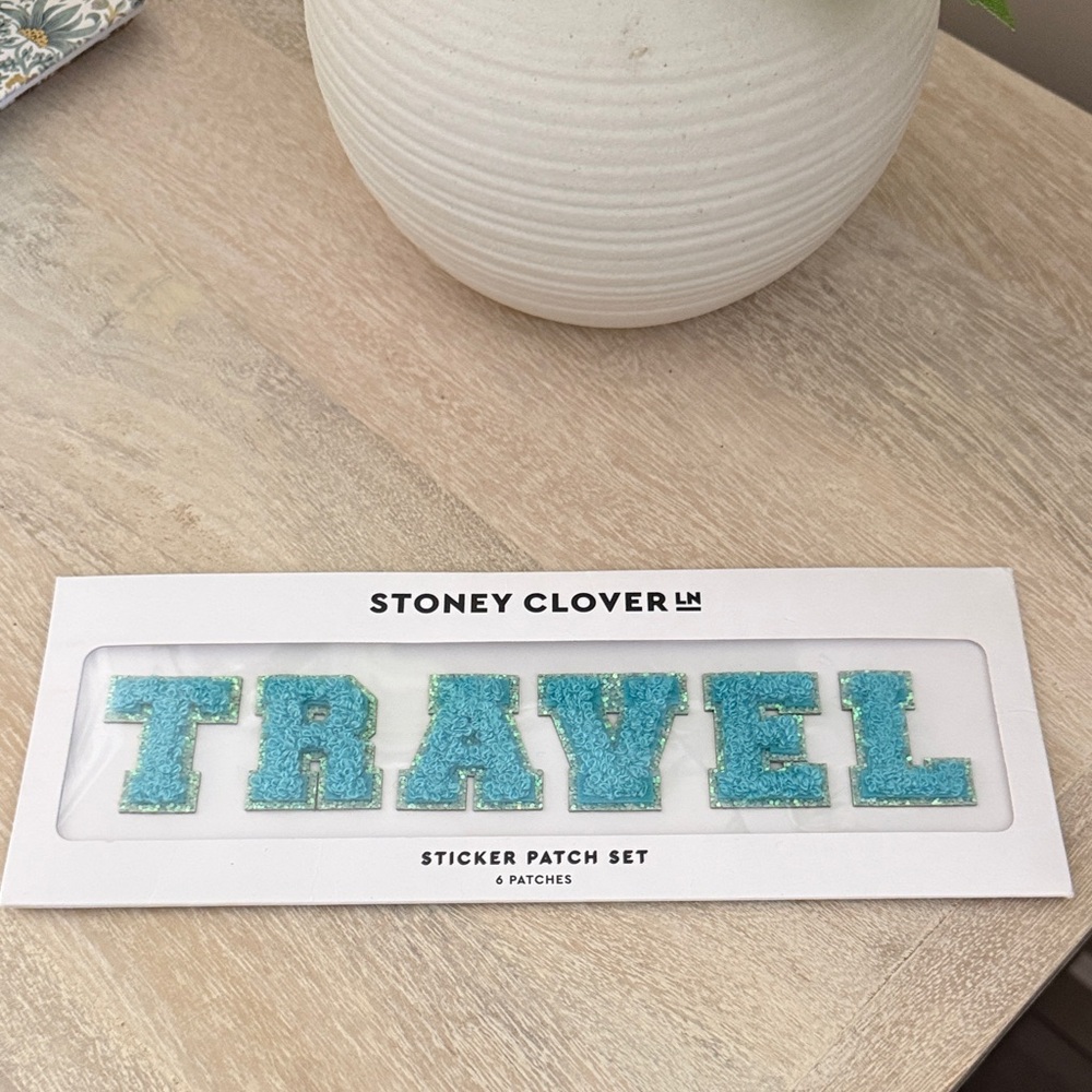 Stoney Clover Lane Blue Glitter 'TRAVEL' Sticker Patch Set